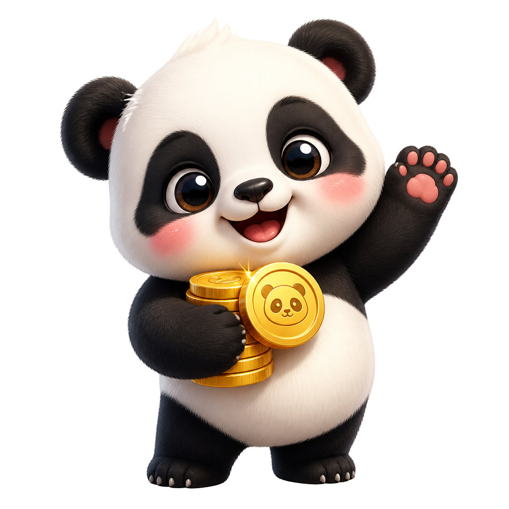 Maskot panda PANDACUAN memegang koin emas